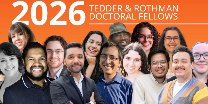 Group of diverse smiling individuals labeled as 2026 Tedder & Rothman Doctoral Fellows, set against an orange background. The mood is celebratory and academic