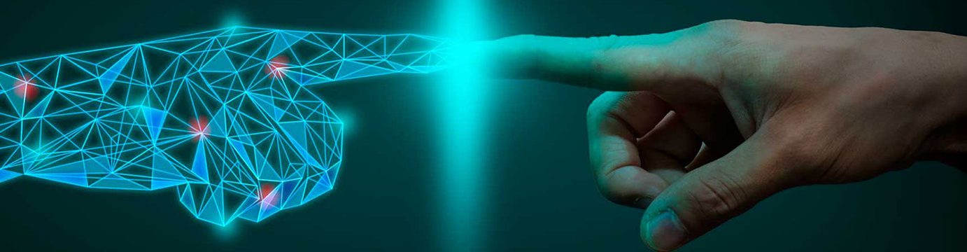 A digital hand touching a human hand