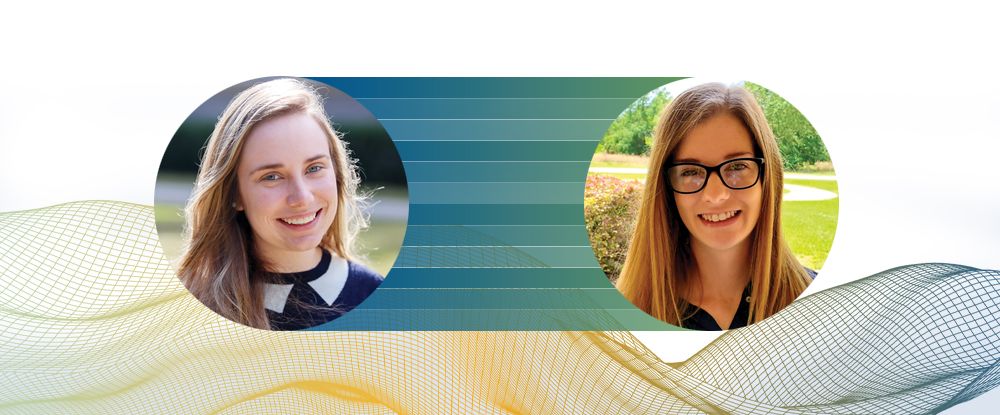 Portraits of two smiling women, one blonde and one with glasses, are displayed in circular frames against an abstract background featuring horizontal stripes and wavy grid lines.