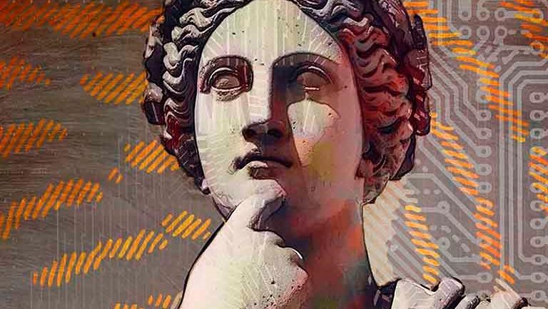 A marble statue of a thoughtful figure with a hand on its chin, set against a digital circuit board background. Orange patterns add a modern, contemplative tone.