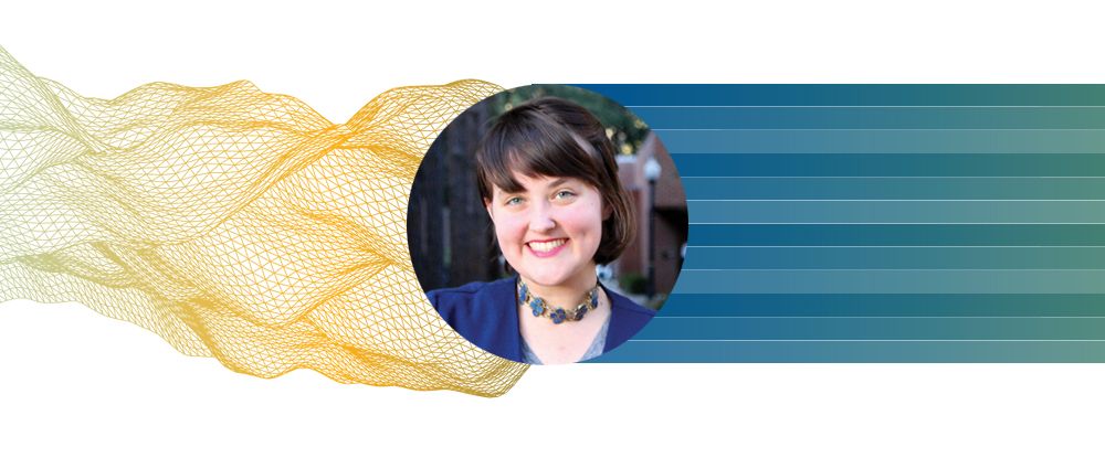 A smiling woman in a circular frame, wearing a blue necklace, against a background of abstract yellow wireframe shapes and blue gradient stripes.