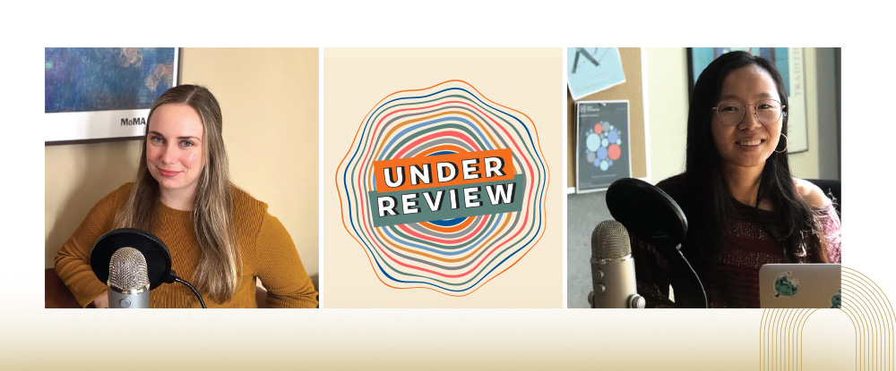 Two women at microphones, one blonde and one with dark hair, flank a logo that reads "UNDER REVIEW" with colorful wavy lines.